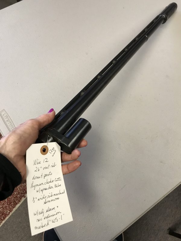 Winchester 12 12 ga. barrel, used must be fitted 26" vent rib with "donut" posts, Lyman Cutts Compensator with spreader tube, 1/2" rib marked "Simmons", with adjusting sleeve and receiver extension, barrel marked "WS-1&